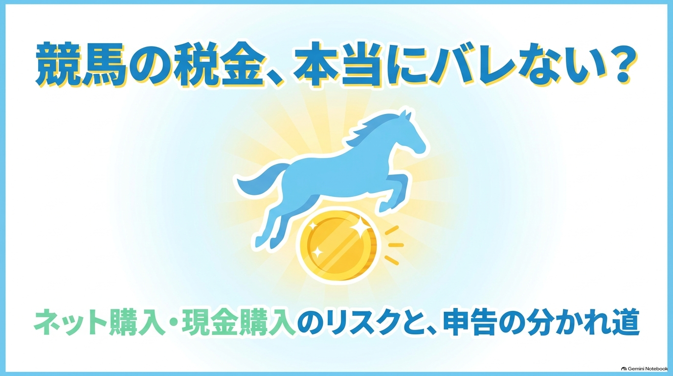 ジャンプする青い馬と輝くコインのイラスト。競馬の税金についてのアイキャッチ画像。