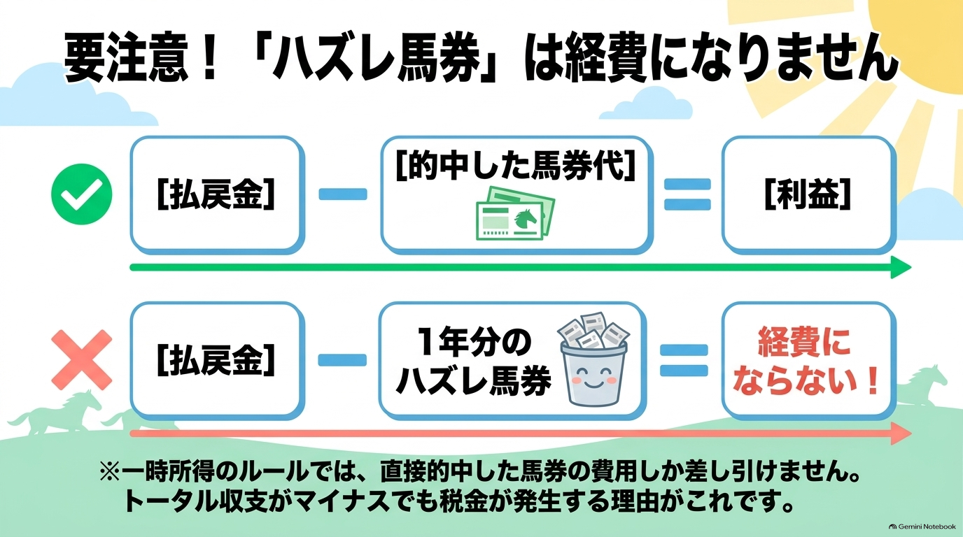 一時所得の計算において、経費として差し引けるのは的中した馬券の費用のみで、ハズレ馬券は経費にならないことを示した図。
