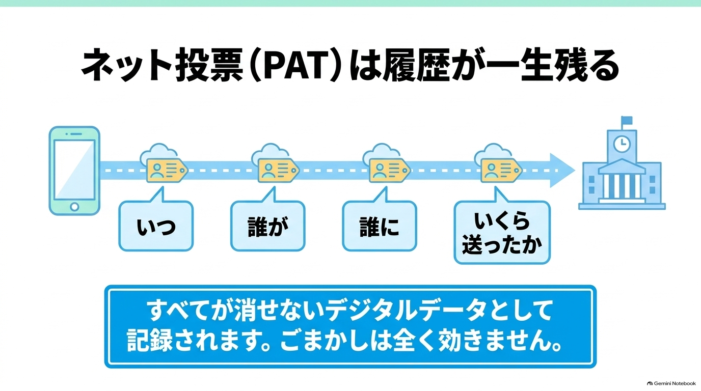 ネット投票では「いつ・誰が・誰に・いくら送ったか」が消せないデジタルデータとして完全に記録されるためごまかしが効かない仕組み。
