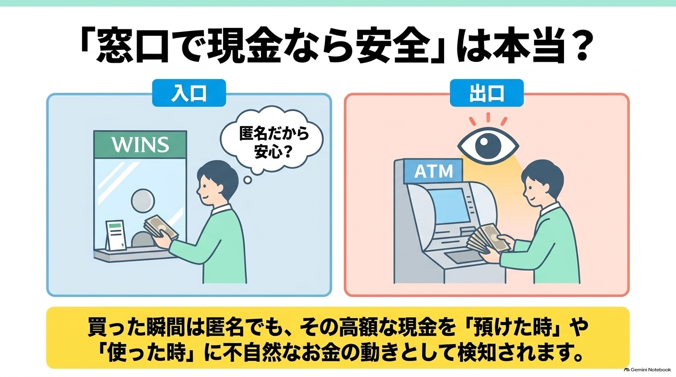 窓口での購入時は匿名でも、高額な現金を銀行へ預けた際や使った際に、不自然なお金の動きとして検知されるリスクの図解。