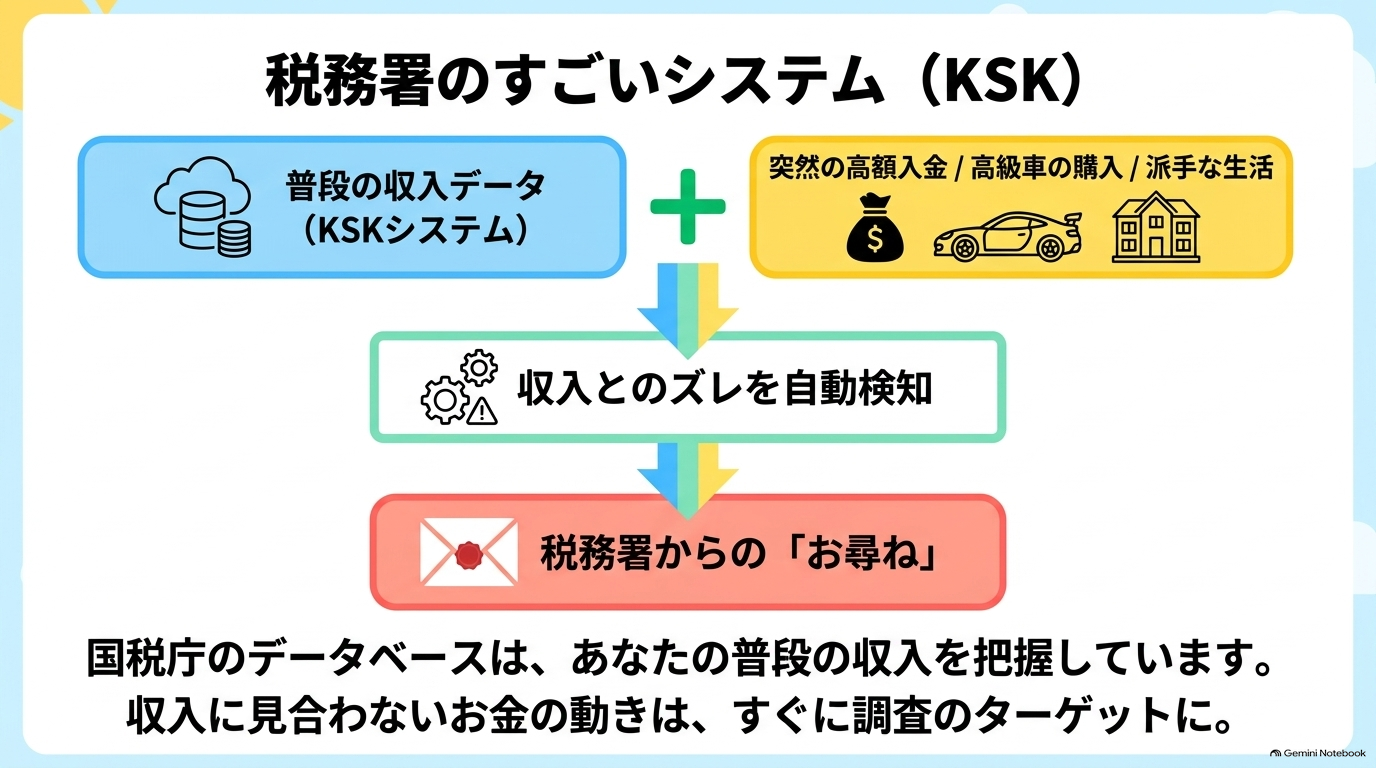 国税庁のKSKシステムが、普段の収入データと高級車の購入など収入に見合わないお金の動きを照合し、自動検知する仕組み。