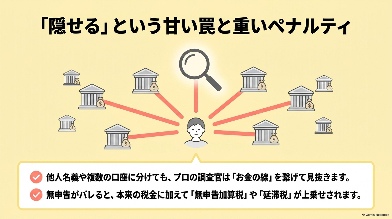 他人名義や複数の口座に分けて隠蔽しても調査官には見抜かれ、無申告加算税や延滞税といった重いペナルティが課される図解。