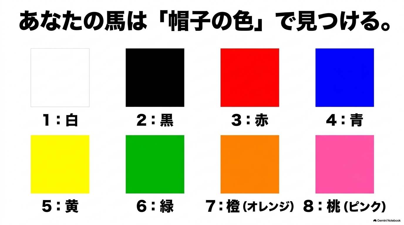 1枠の白から8枠のピンクまで、競馬の枠番に割り当てられた8つの帽子の色