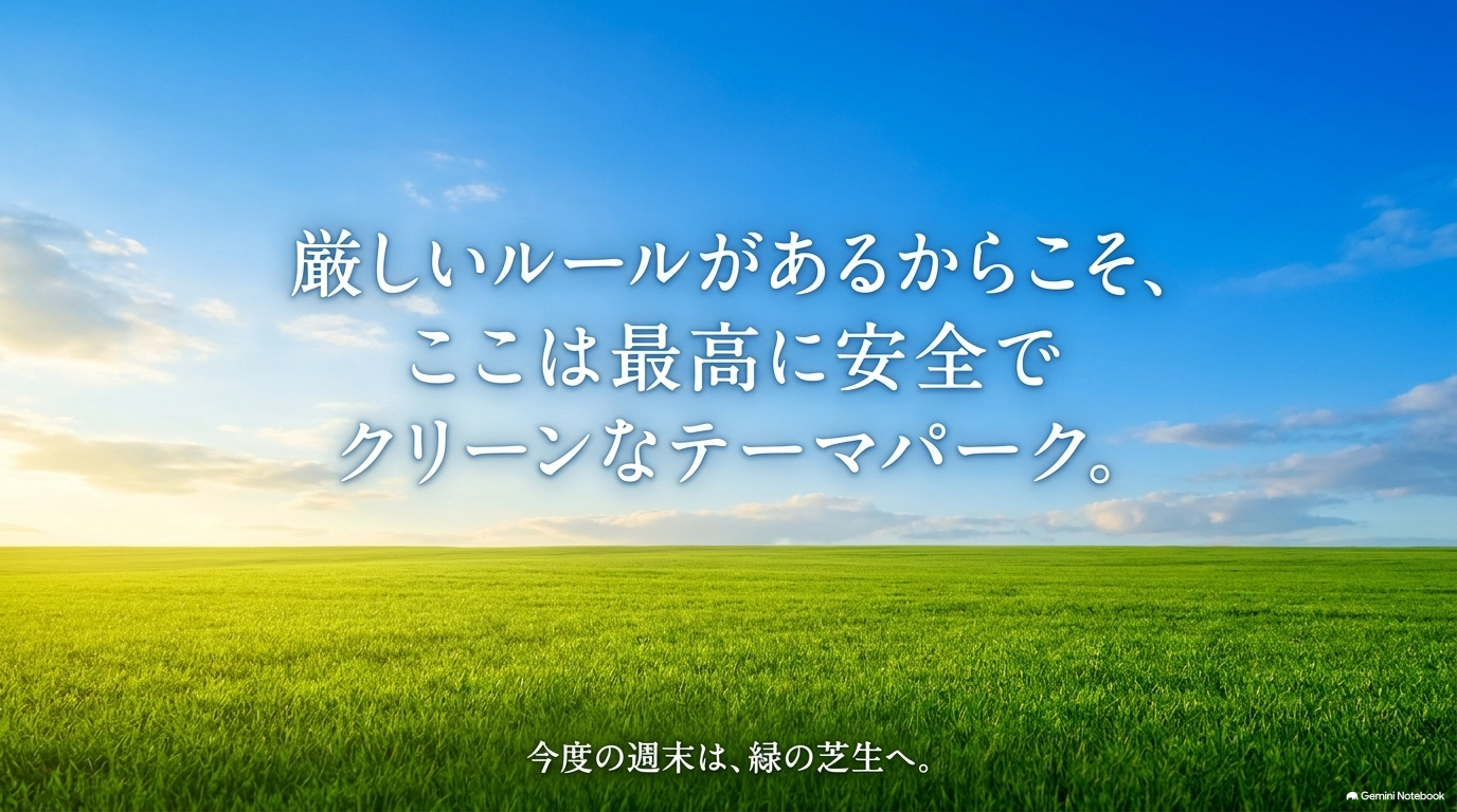 厳しいルールで守られているからこそ、競馬場は安全でクリーンな最高のレジャー施設であるというメッセージ