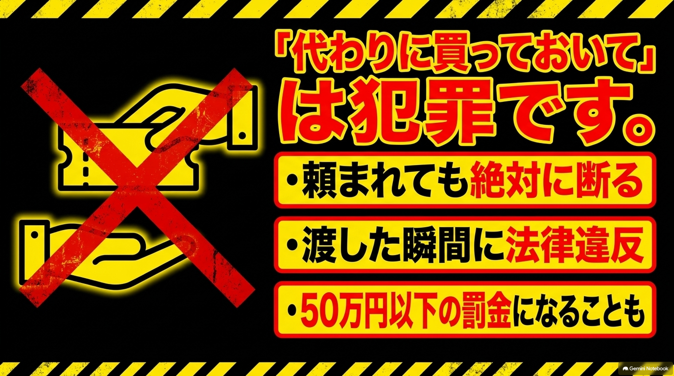 馬券を代わりに買う行為は罰金50万円以下になる可能性がある法律違反であることの警告