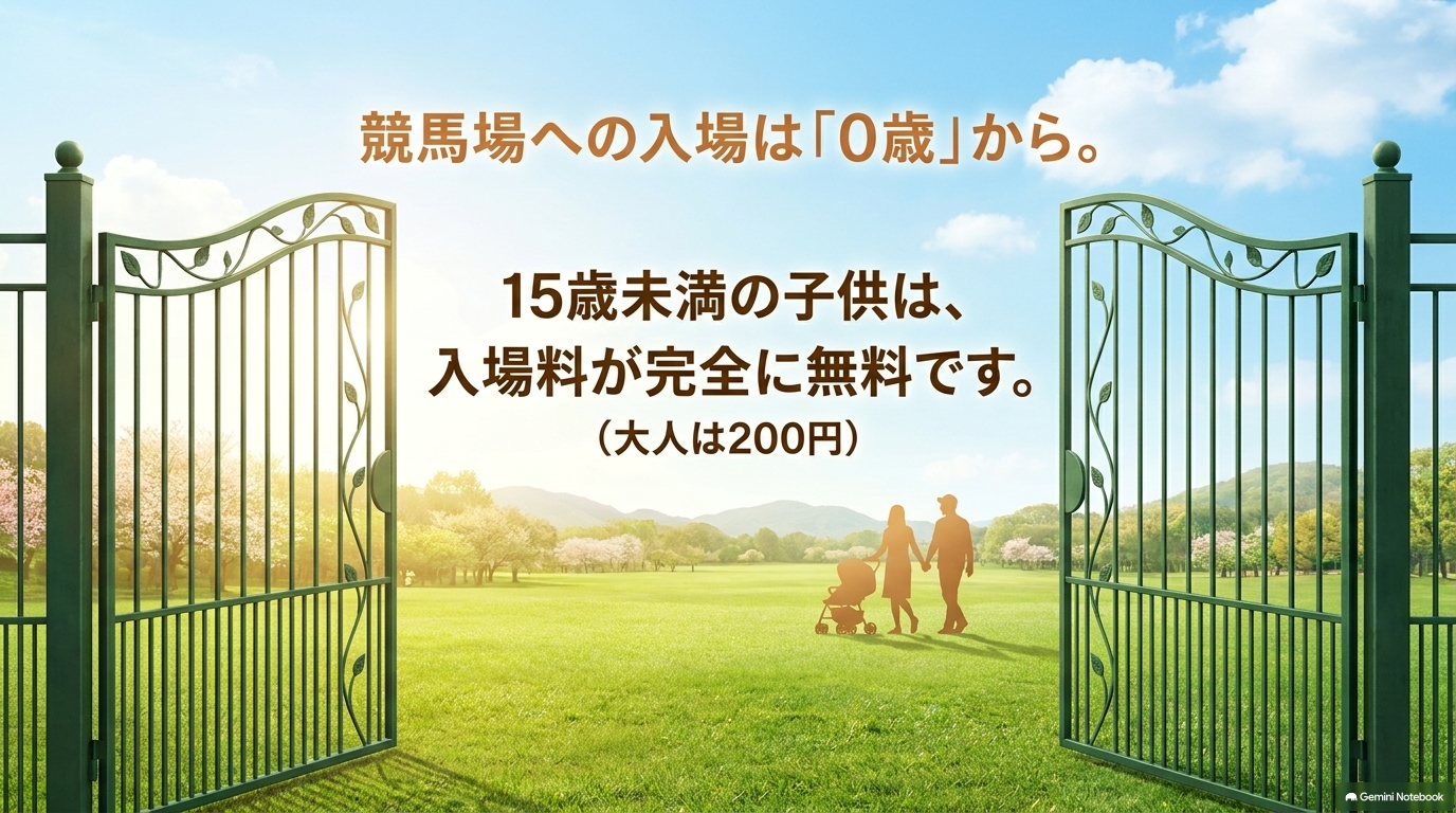 競馬場への入場は0歳から可能で、15歳未満の子供は入場料が完全に無料であることを示す図