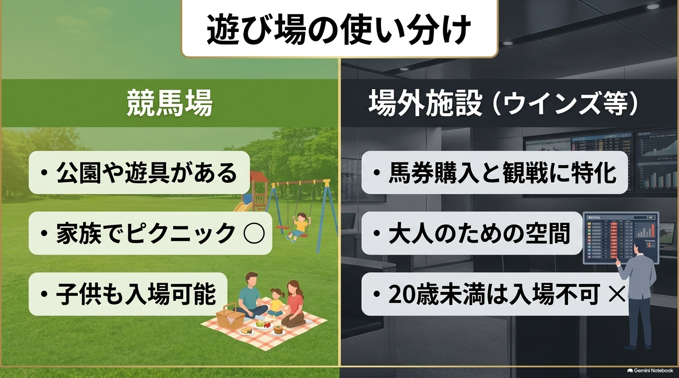 家族でピクニックが楽しめる競馬場と、馬券購入に特化した大人向けの場外施設ウインズの使い分け