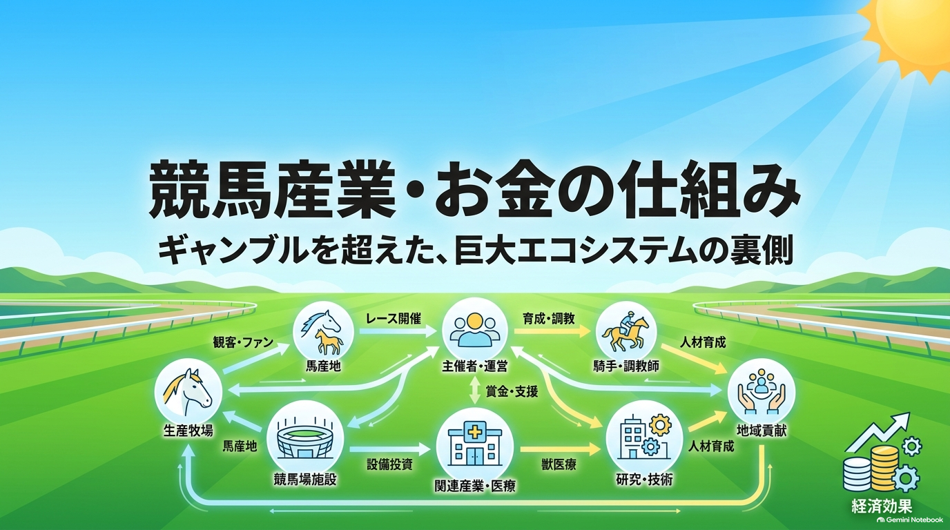 競馬産業のお金の仕組みと巨大エコシステムの裏側を図解したスライド