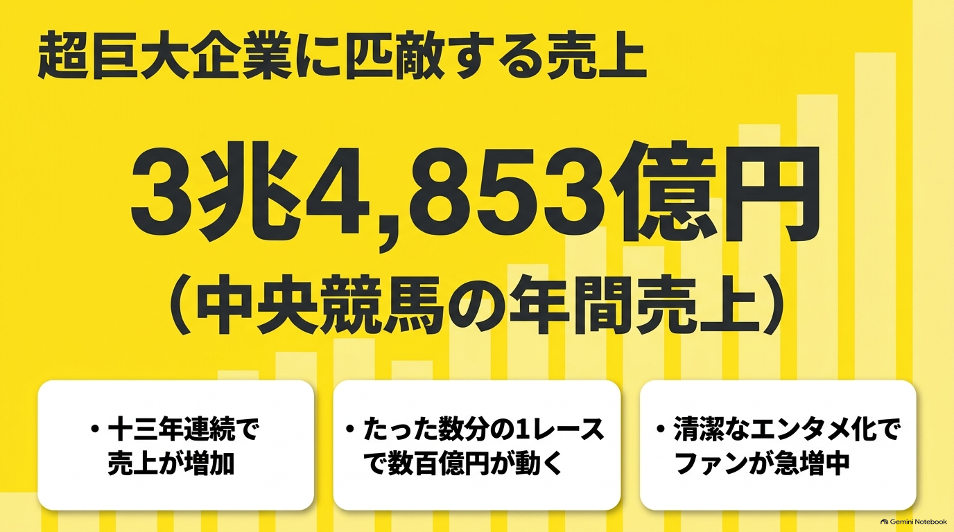JRA中央競馬の年間売上が3兆4853億円に達し13年連続増加していることを示すスライド