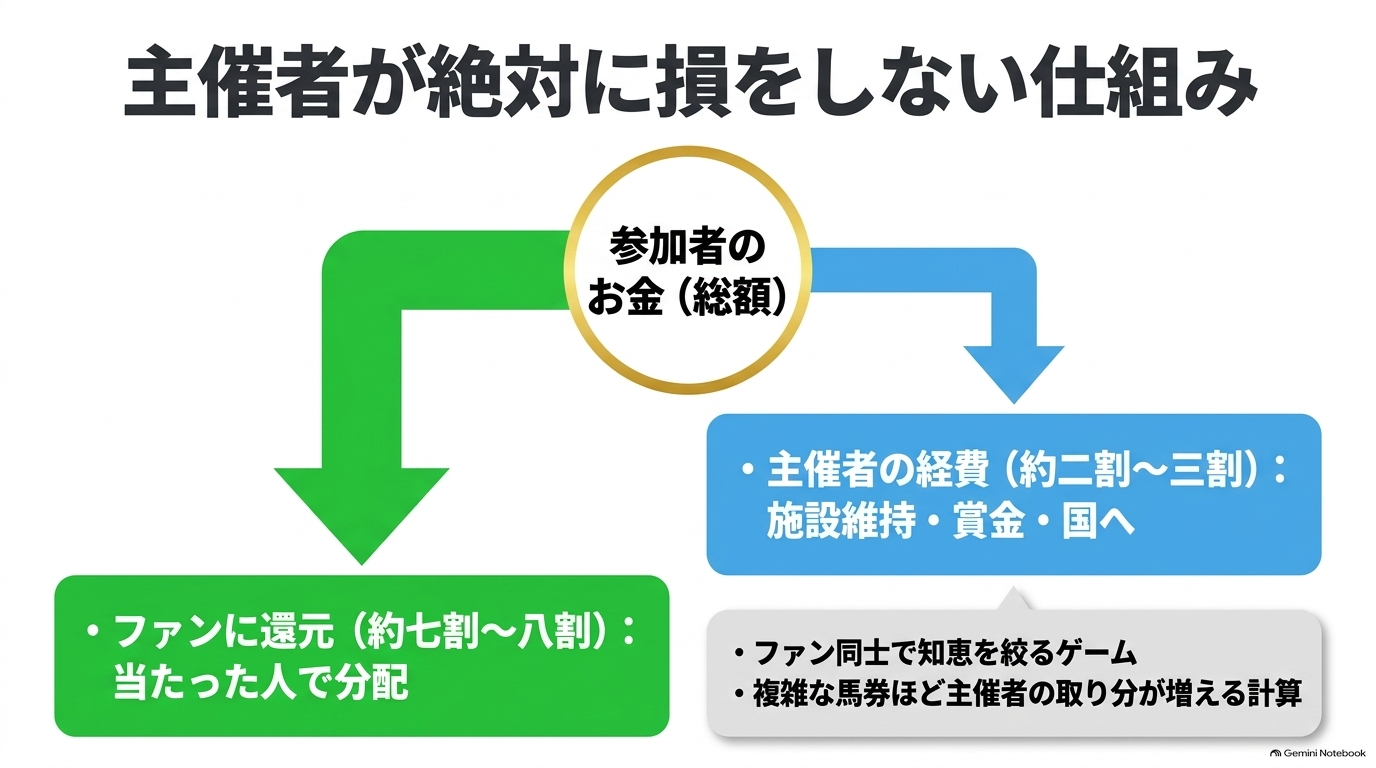 主催者が損をせずファン同士で分配するパリミュチュエル方式の仕組みを図解