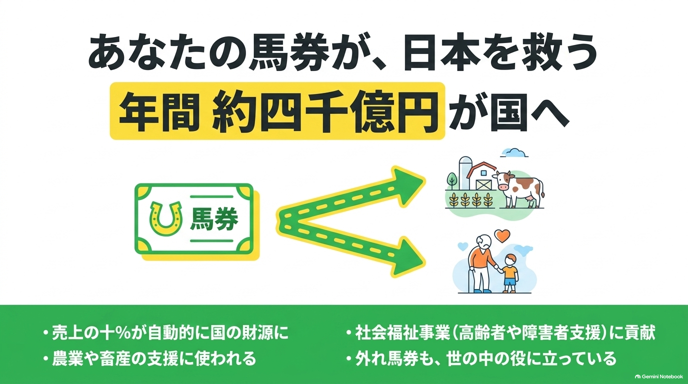 馬券の売上から年間約4000億円が国庫へ納付され社会福祉や農業支援に貢献している図