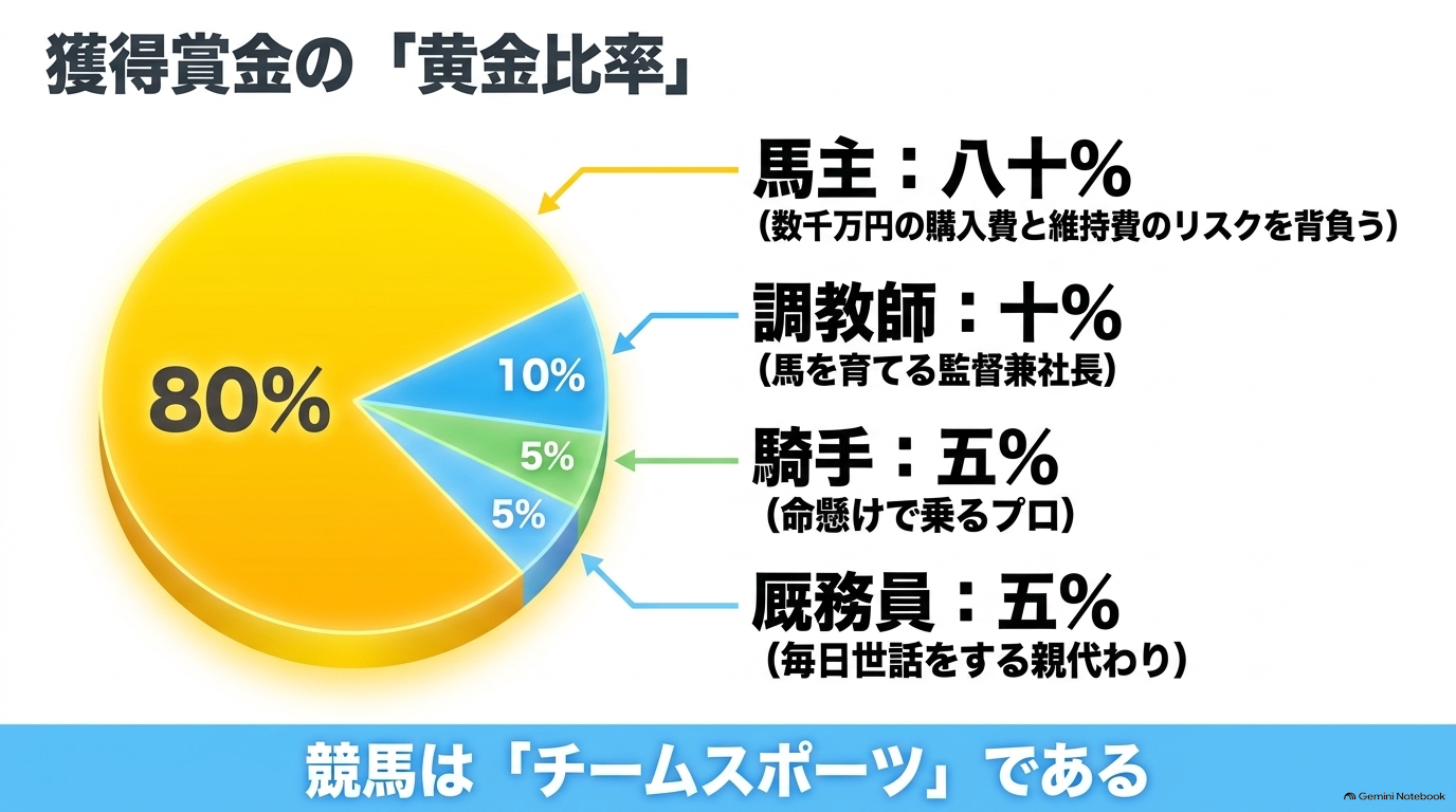 レース獲得賞金が馬主に80%、調教師に10%、騎手と厩務員に5%ずつ配分される黄金比率