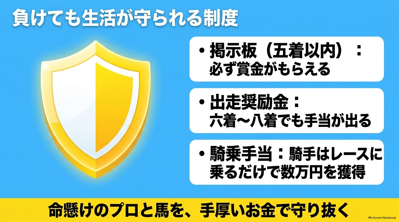 5着以内の賞金や6着以下の出走奨励金、騎乗手当など負けても生活が守られる制度