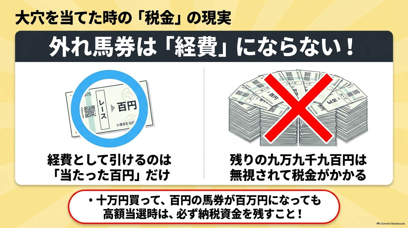 万馬券などの高額当選時に外れ馬券が経費として認められない税金の現実を図解
