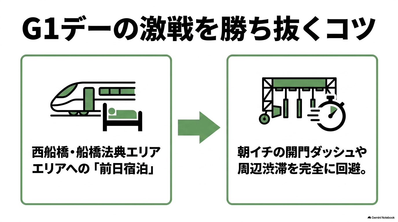 船橋法典エリアなどへの前日宿泊によるG1開門ダッシュ回避のコツ