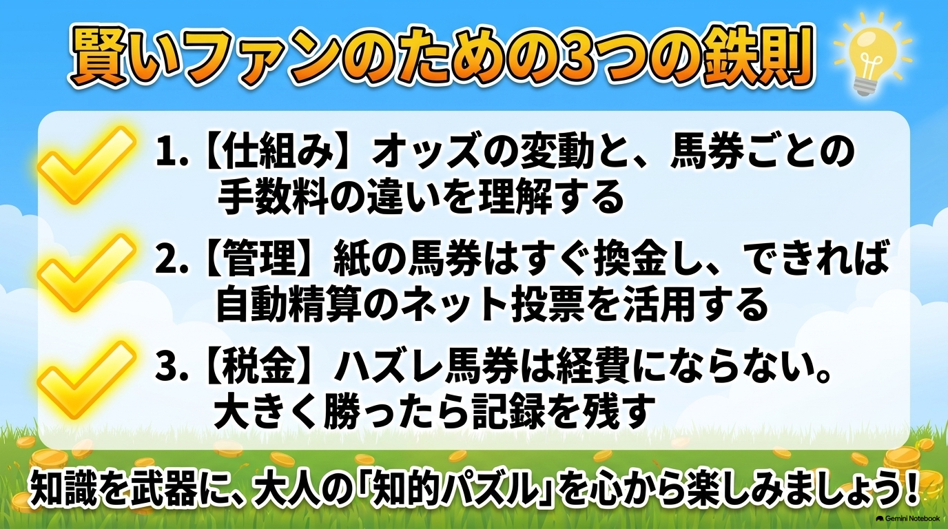 仕組みの理解、受け取りの管理、税金の記録という、大人の競馬ファンが知っておくべき3つの鉄則のまとめ
