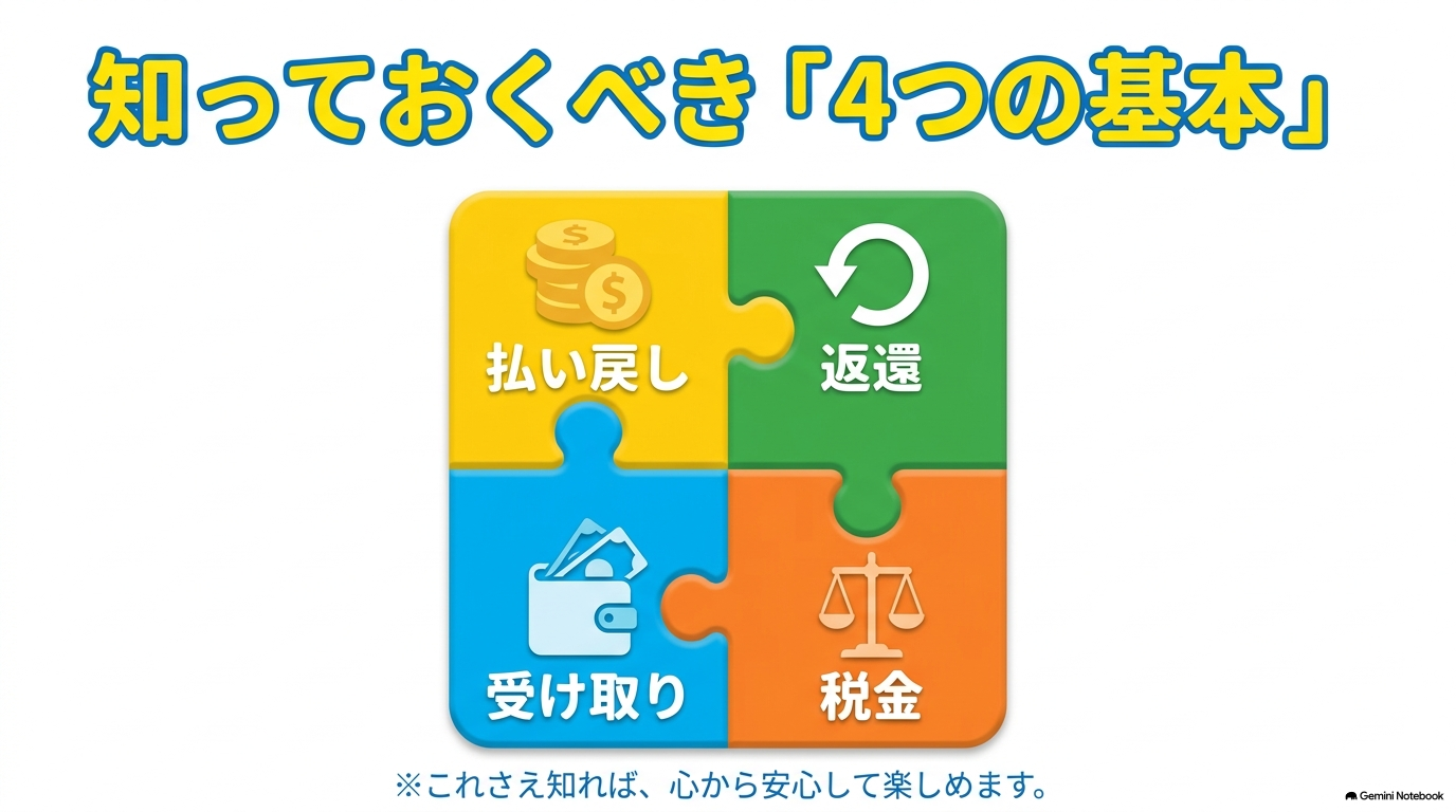 競馬の払い戻し、返還、受け取り、税金の4つの基本要素を表したパズルのイラスト