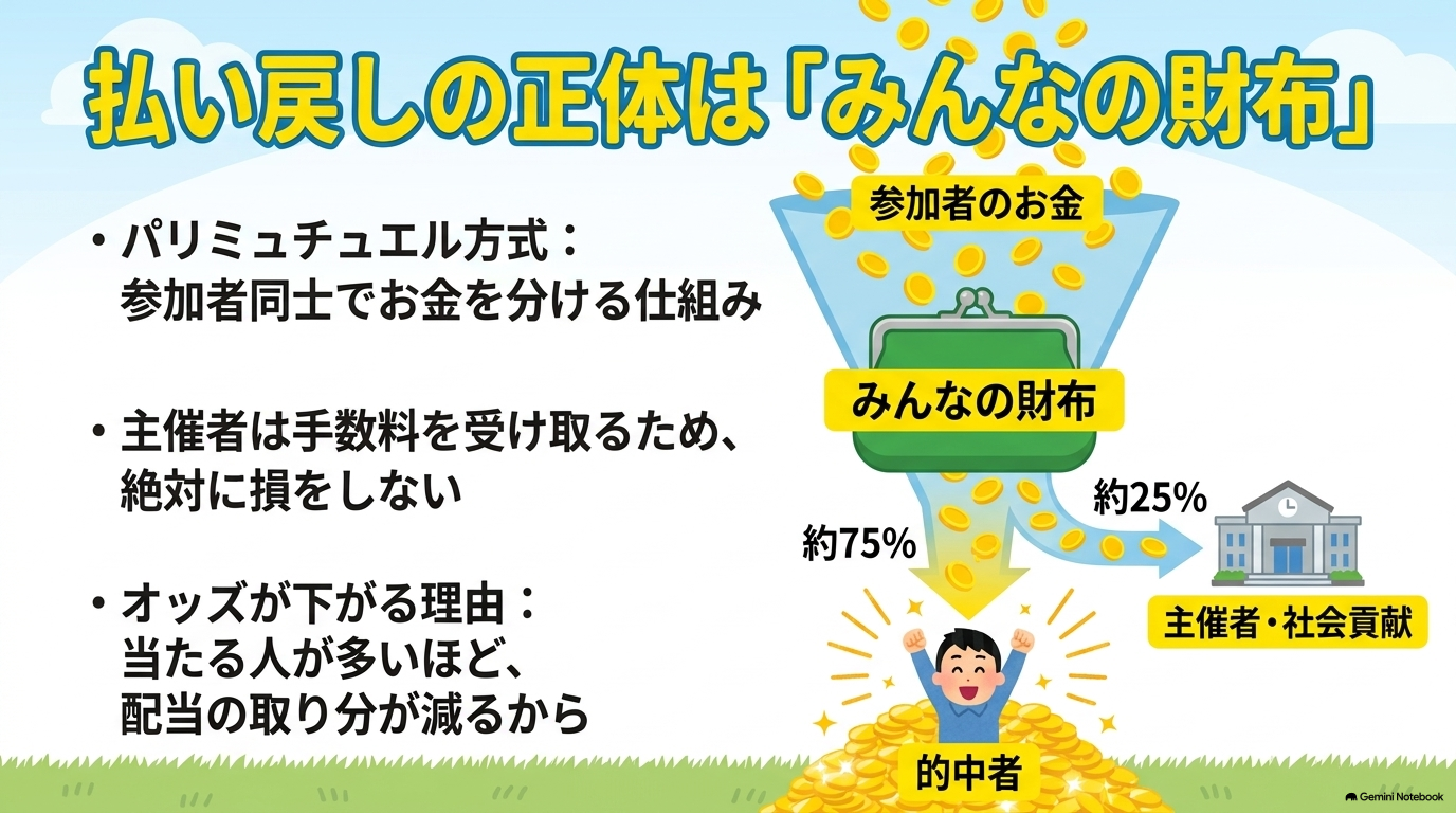 参加者の馬券購入代金から主催者の手数料が引かれ、残りが的中者に分配されるパリミュチュエル方式を図解したイラスト