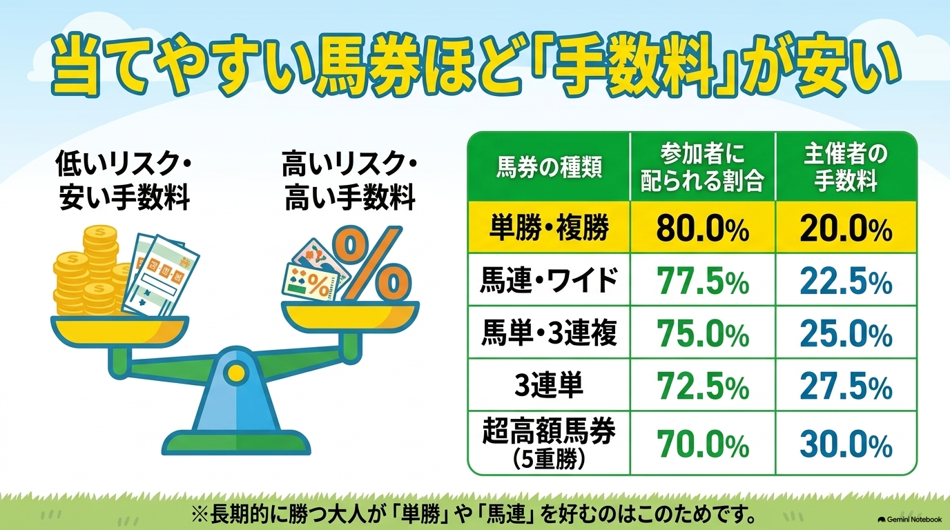 単勝からWIN5まで、馬券の種類ごとに設定されている還元率と主催者の手数料(控除率)を比較した表