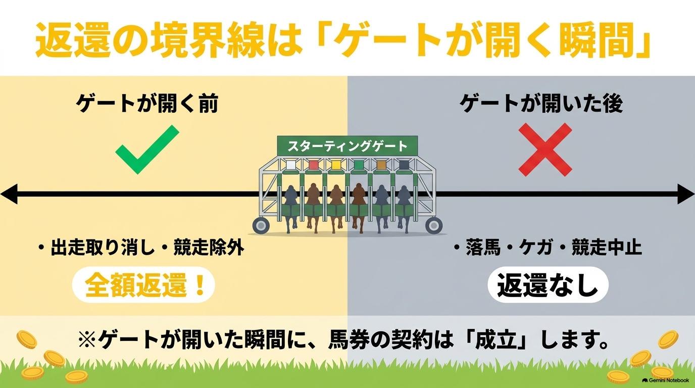 ゲートが開く前の出走取消・競走除外は全額返還になり、ゲートが開いた後の落馬や競走中止は返還されないことを示すイラスト