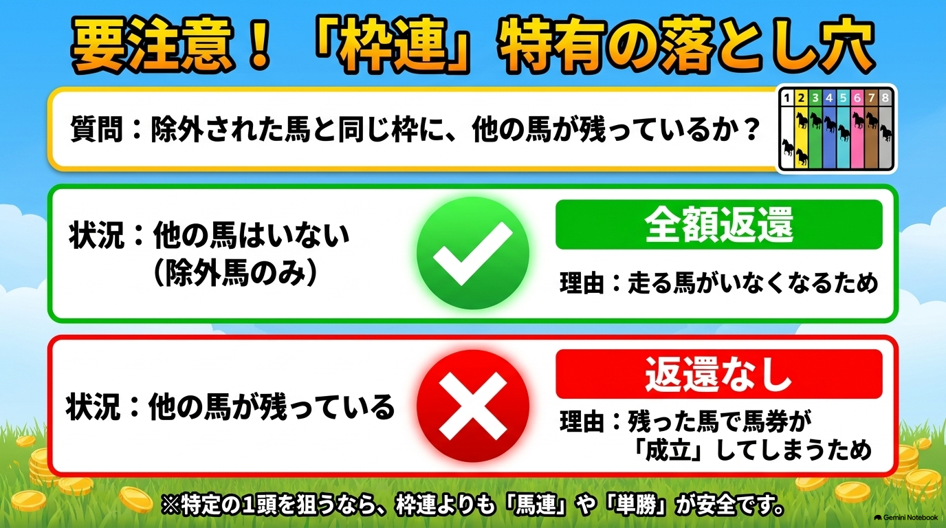 除外馬と同じ枠に他の馬がいない場合は全額返還され、他の馬が残っている場合は馬券が成立し返還されないという枠連のルール図解