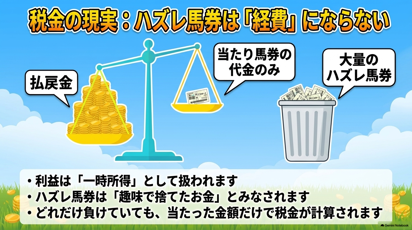 競馬の利益は一時所得として扱われ、大量のハズレ馬券は経費にならず、当たり馬券の代金のみが経費として認められることを示す図