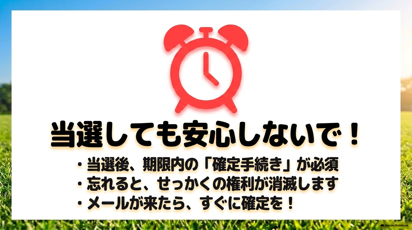 抽選に当選した後も期限内の確定手続きが必須であることの注意喚起