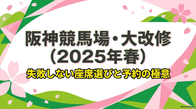 2025年春に大改修された阪神競馬場の指定席選びと予約の極意をまとめたスライド表紙
