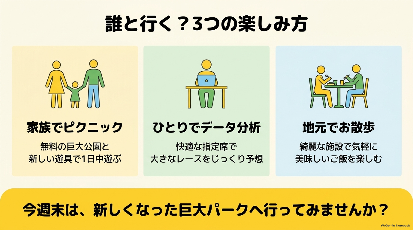 家族でピクニック、ひとりでデータ分析、地元でお散歩といった、誰と行くかによる3つの楽しみ方の提案 。