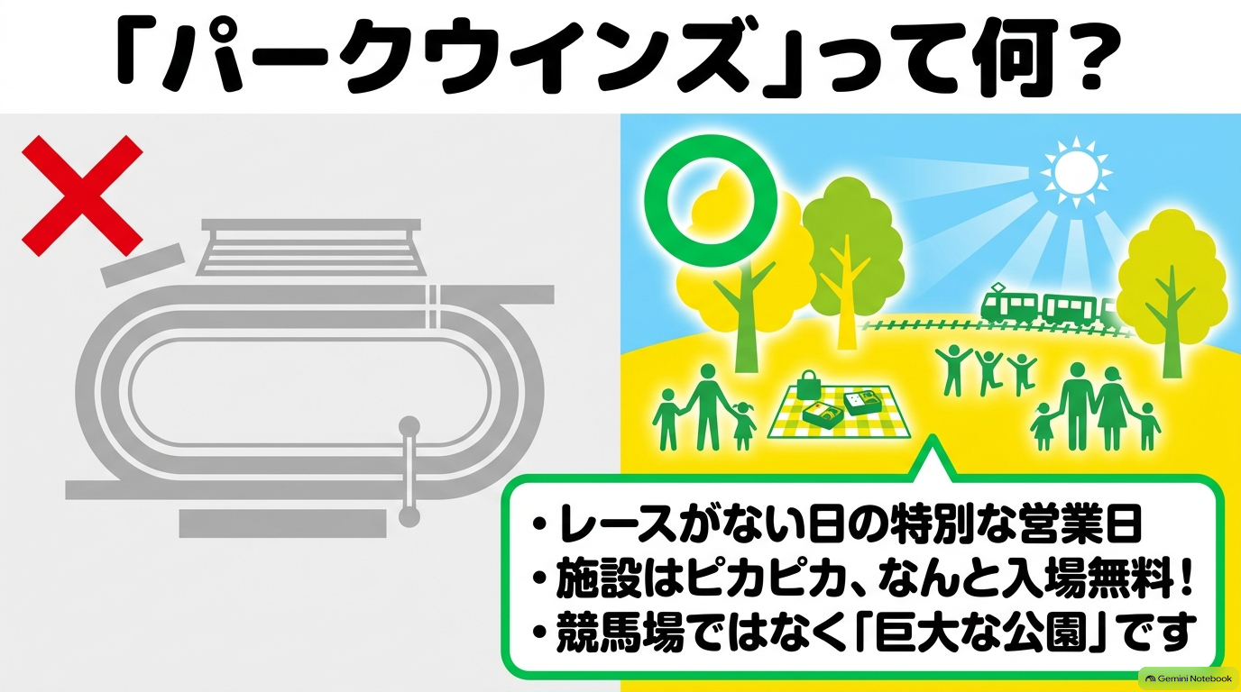 パークウインズとはレースがない日の特別な営業日であり、ピカピカの施設が入場無料で楽しめる巨大な公園です 。