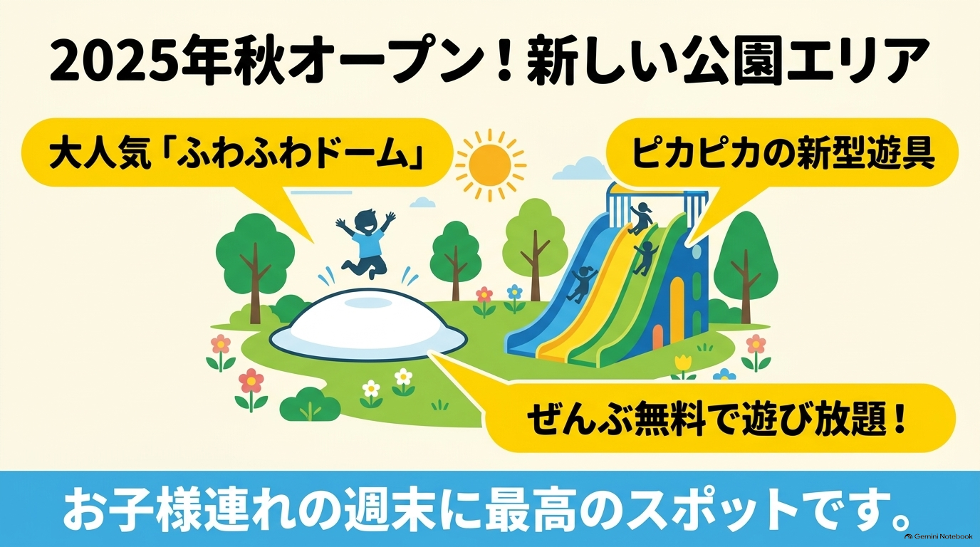 2025年秋オープンの新しい公園エリア。大人気のふわふわドームやピカピカの新型遊具がぜんぶ無料で遊び放題のお子様連れに最高のスポット 。