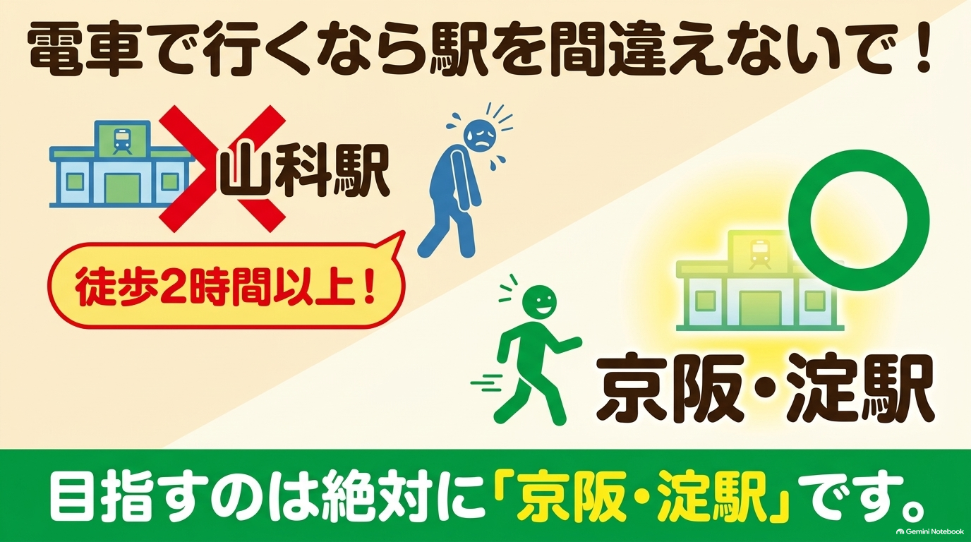 電車で行く場合、山科駅からは徒歩2時間以上かかるため間違えないように注意し、目指すのは絶対に京阪・淀駅であること 。