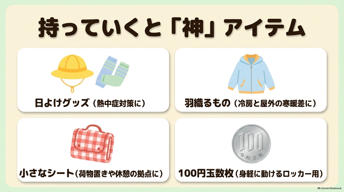 持っていくと神アイテム。日よけグッズ、羽織るもの、小さなシート、100円玉など 。