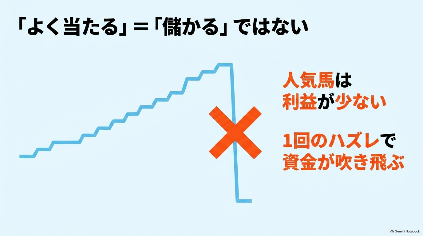的中率が高くても人気馬ばかりを買うと1回のハズレで資金が吹き飛ぶリスク