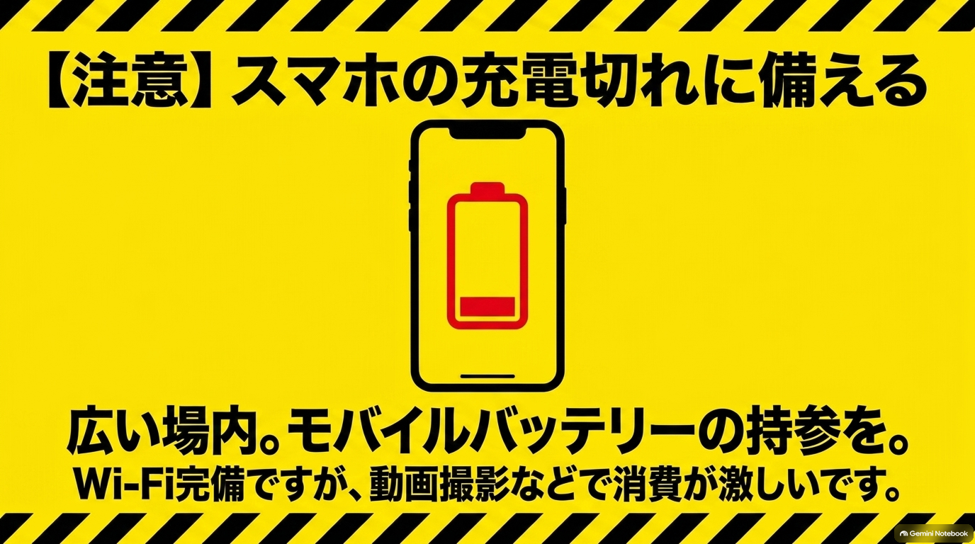 広い場内での動画撮影やWi-Fi利用に備えたモバイルバッテリー持参の推奨