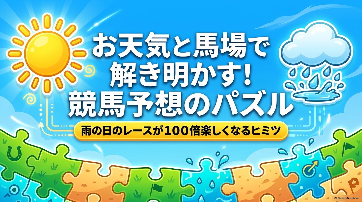 晴れの日のスピード勝負と雨の日のサバイバル戦を比較した競馬予想のイラスト