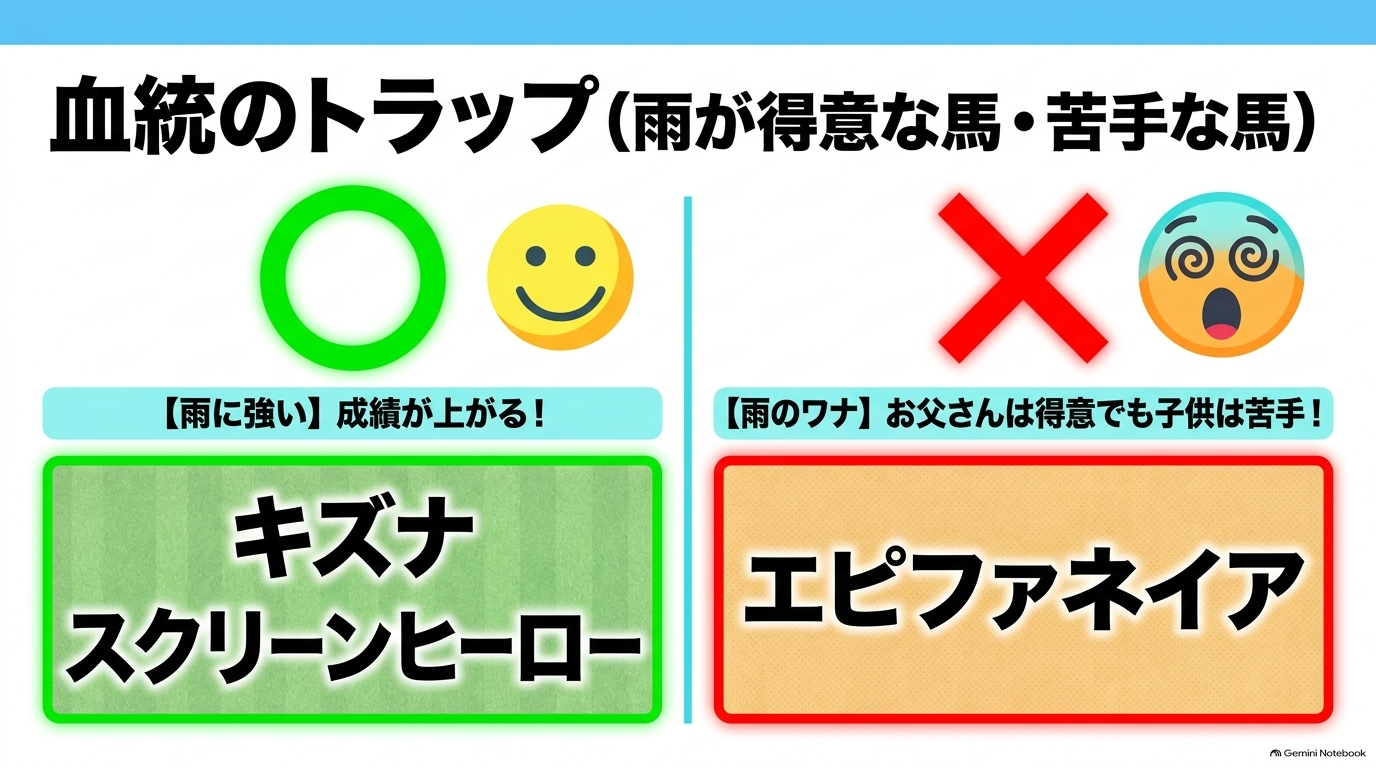 キズナやスクリーンヒーローなど雨が得意な種牡馬と、エピファネイアなど苦手な種牡馬の解説図