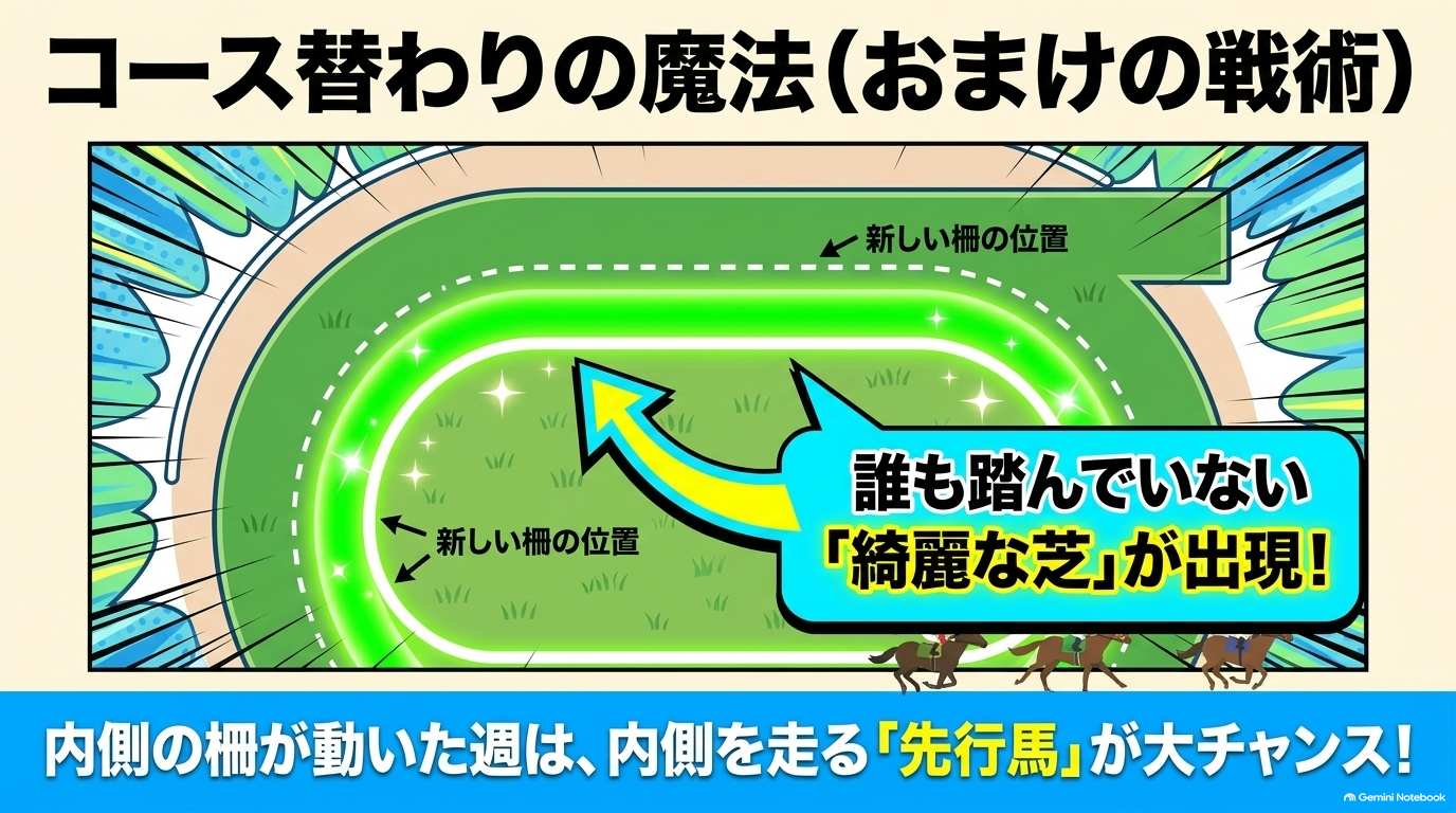 内側の柵が移動することで誰も踏んでいない綺麗な芝が出現し、先行馬が有利になる図