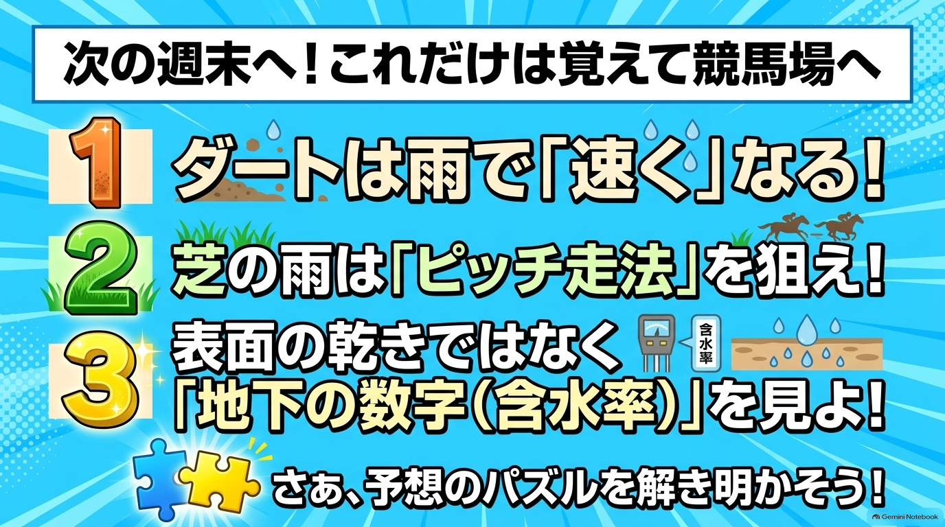 ダートの高速化、芝のピッチ走法、地下の含水率の確認という3つのポイントまとめ