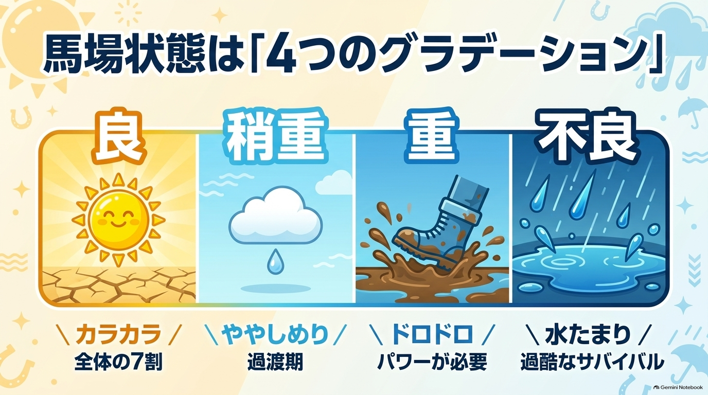 良、稍重、重、不良の4つの馬場状態の変化と必要な能力を表した図