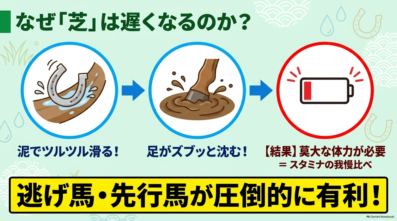水分を含んだ芝生で馬の蹄が滑り、スタミナが必要になることを解説したイラスト
