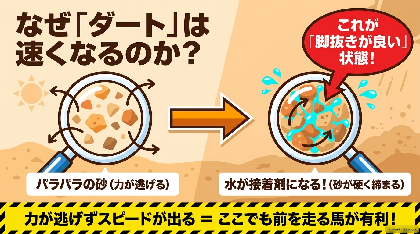 雨水が接着剤となって砂が硬く締まり、ダートでスピードが出やすくなる仕組みの図