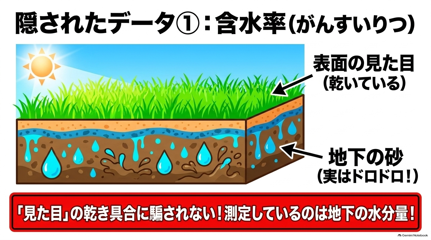 見た目の表面ではなく、地下の路盤砂の水分量を測定していることを示す断面図
