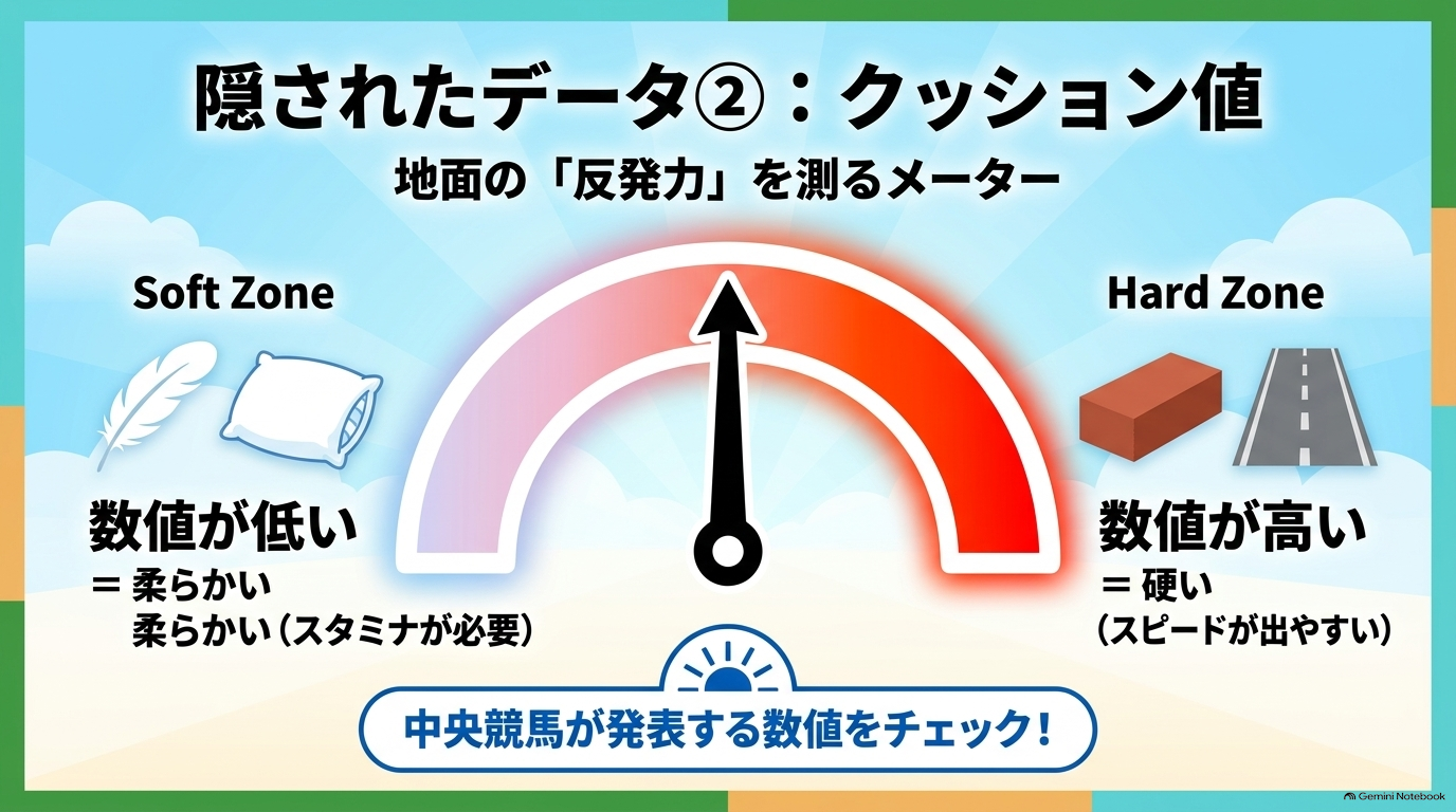 地面の反発力をソフトゾーンとハードゾーンで表したクッション値のメーター図