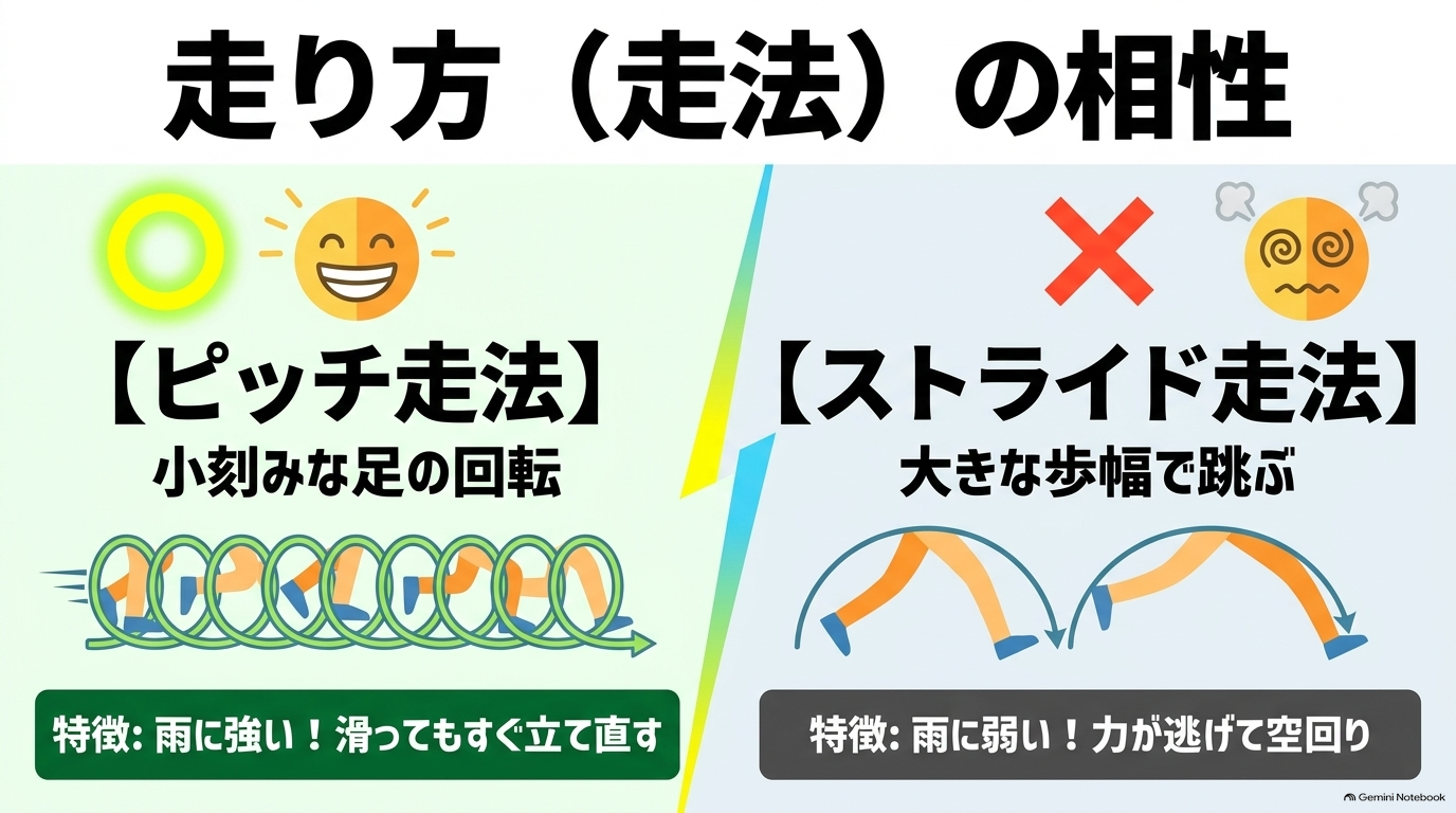 雨に強い小刻みなピッチ走法と、雨に弱い大きな歩幅のストライド走法の比較図