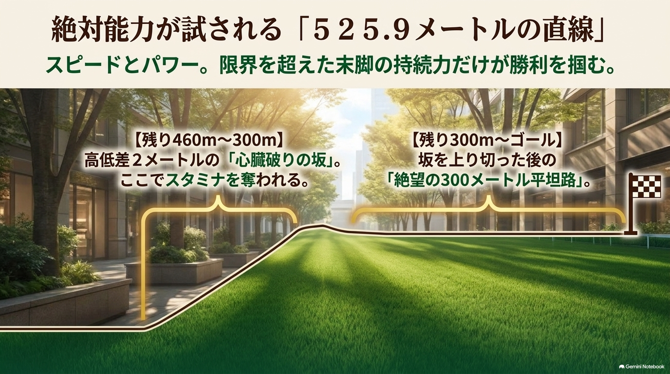 絶対能力が試される525.9メートルの直線。心臓破りの坂と絶望の300m平坦路