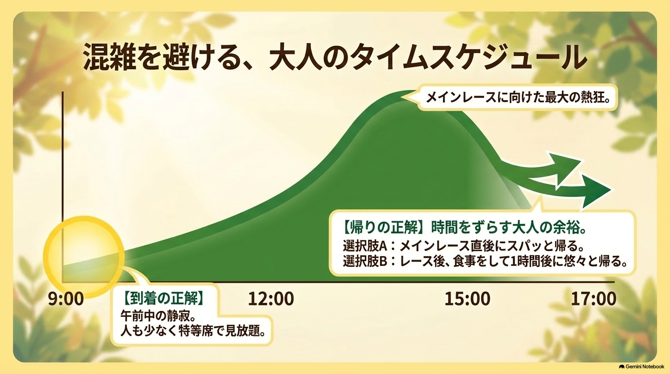 混雑を避ける、大人のタイムスケジュール（到着9:00、帰宅17:00）