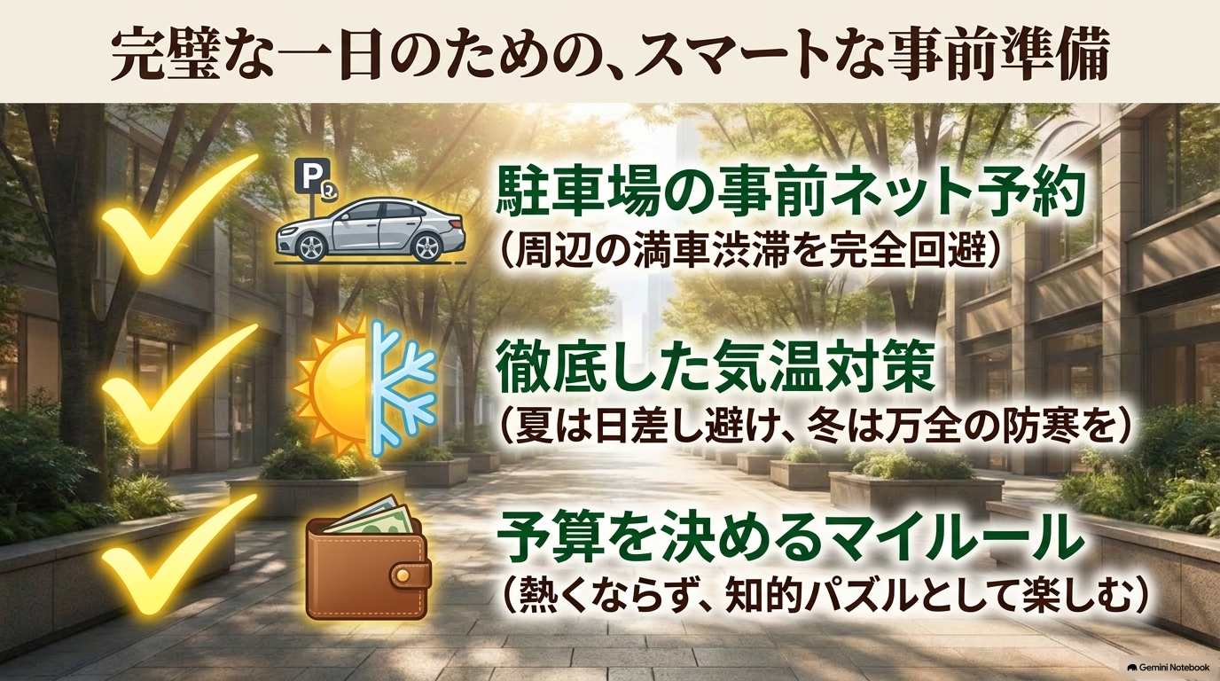 完璧な一日のためのスマートな事前準備。駐車場予約、気温対策、予算ルール