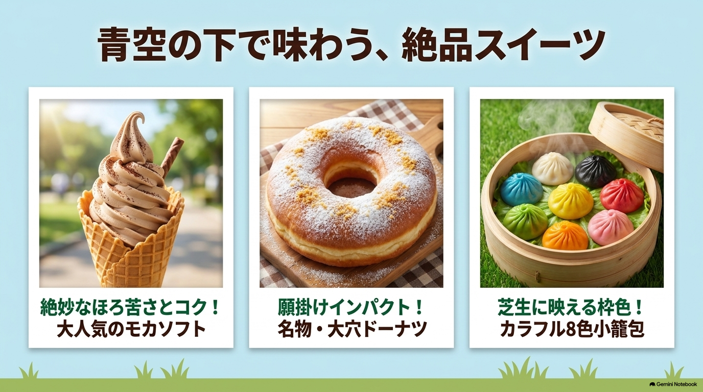 青空の下で味わう絶品スイーツ。モカソフト、大穴ドーナツ、8色小籠包