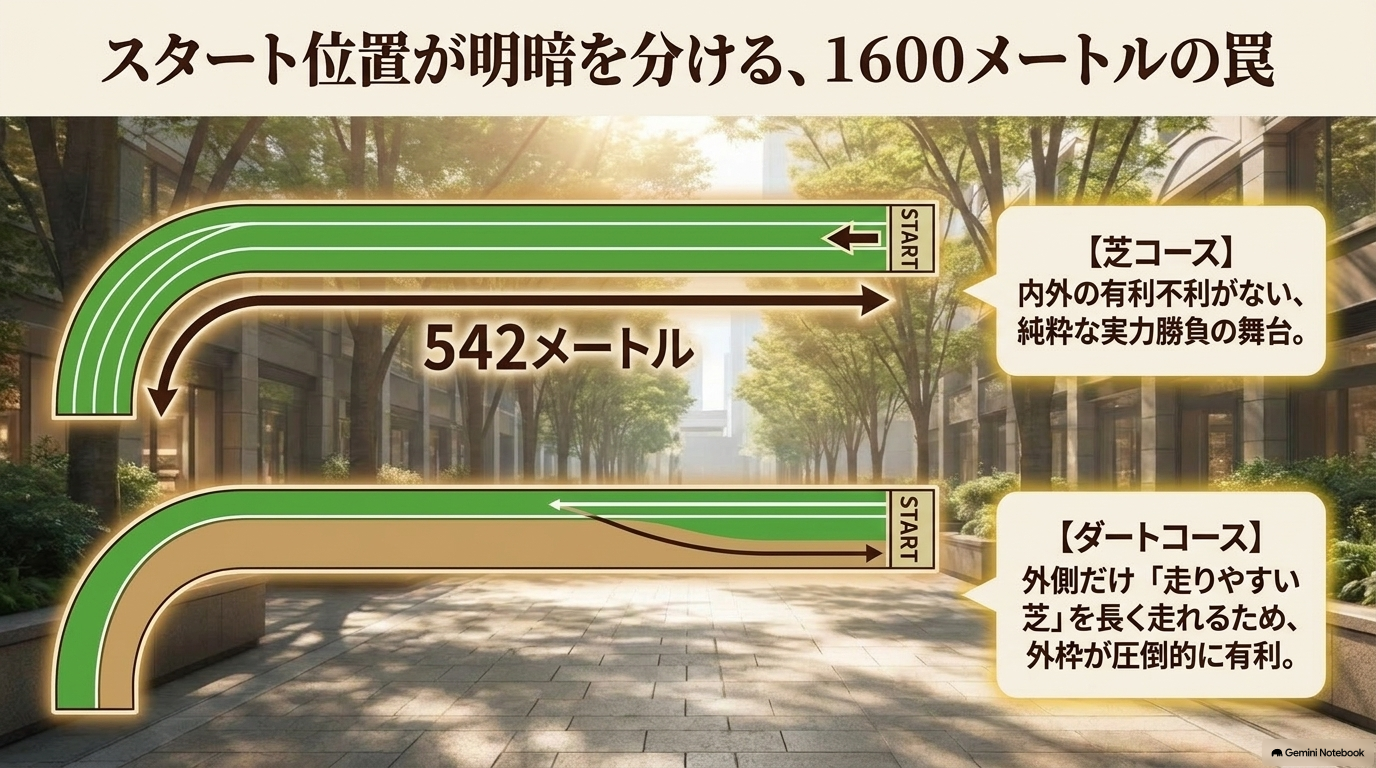 スタート位置が明暗を分ける1600メートルの罠。芝コースとダートコースの違い